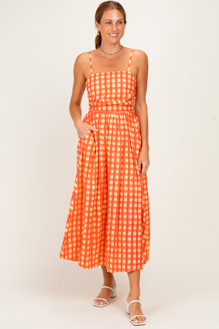 Orange Gingham Maternity Midi Dress