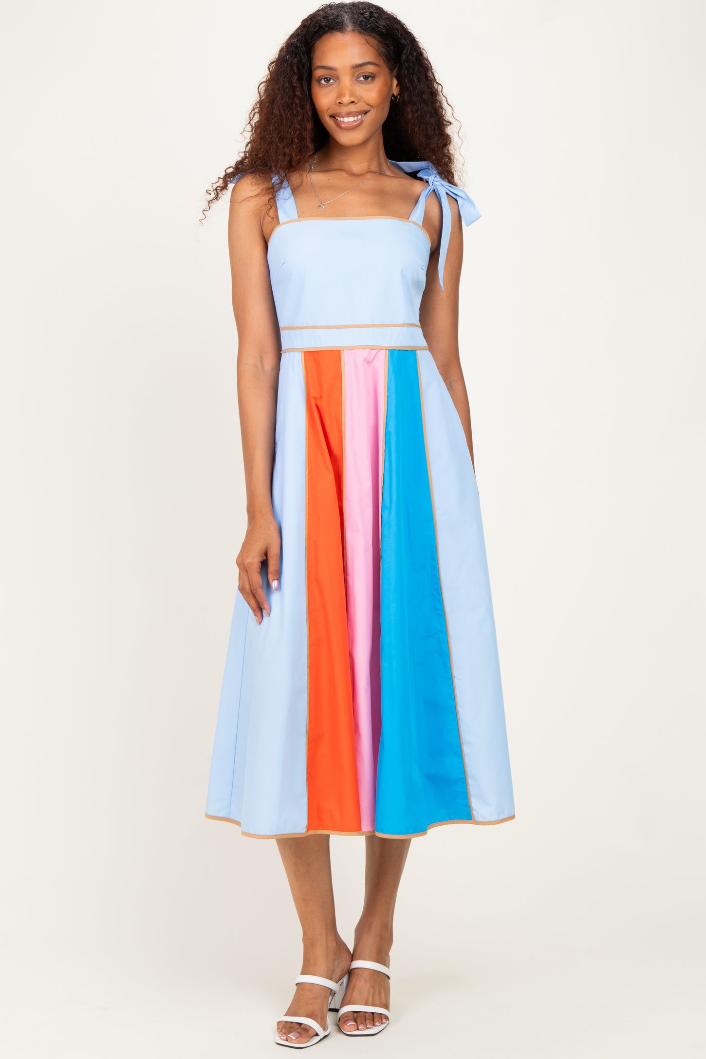 Light Blue Colorblock Shoulder Tie Midi Dress