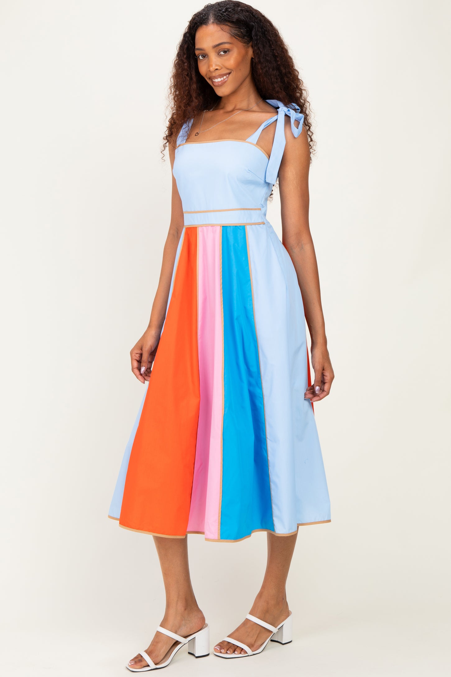 Light Blue Colorblock Shoulder Tie Midi Dress