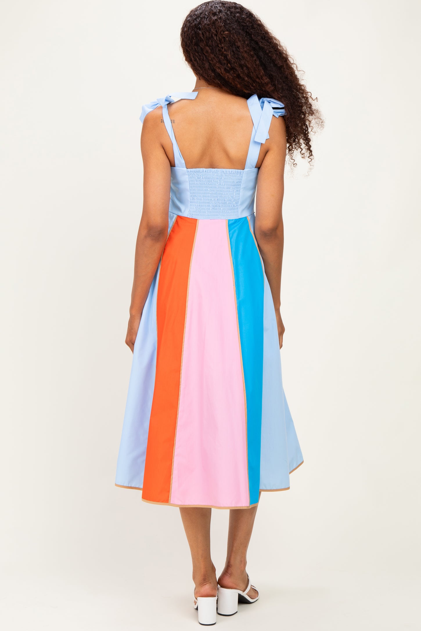 Light Blue Colorblock Shoulder Tie Midi Dress