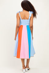 Light Blue Colorblock Shoulder Tie Midi Dress