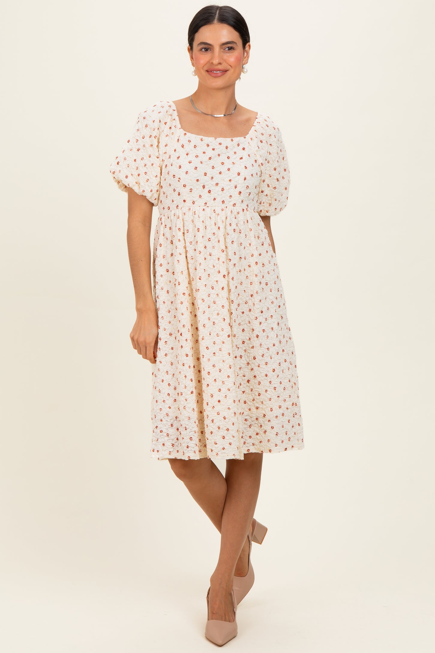 Cream Floral Textured Knit Maternity Midi Dress