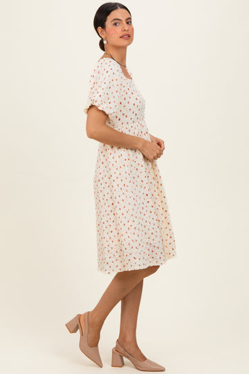 Cream Floral Textured Knit Midi Dress