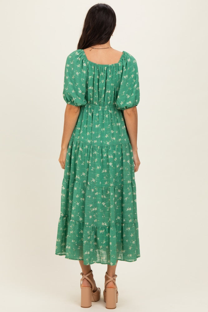 Green Printed Sweetheart Neckline Tiered Dress
