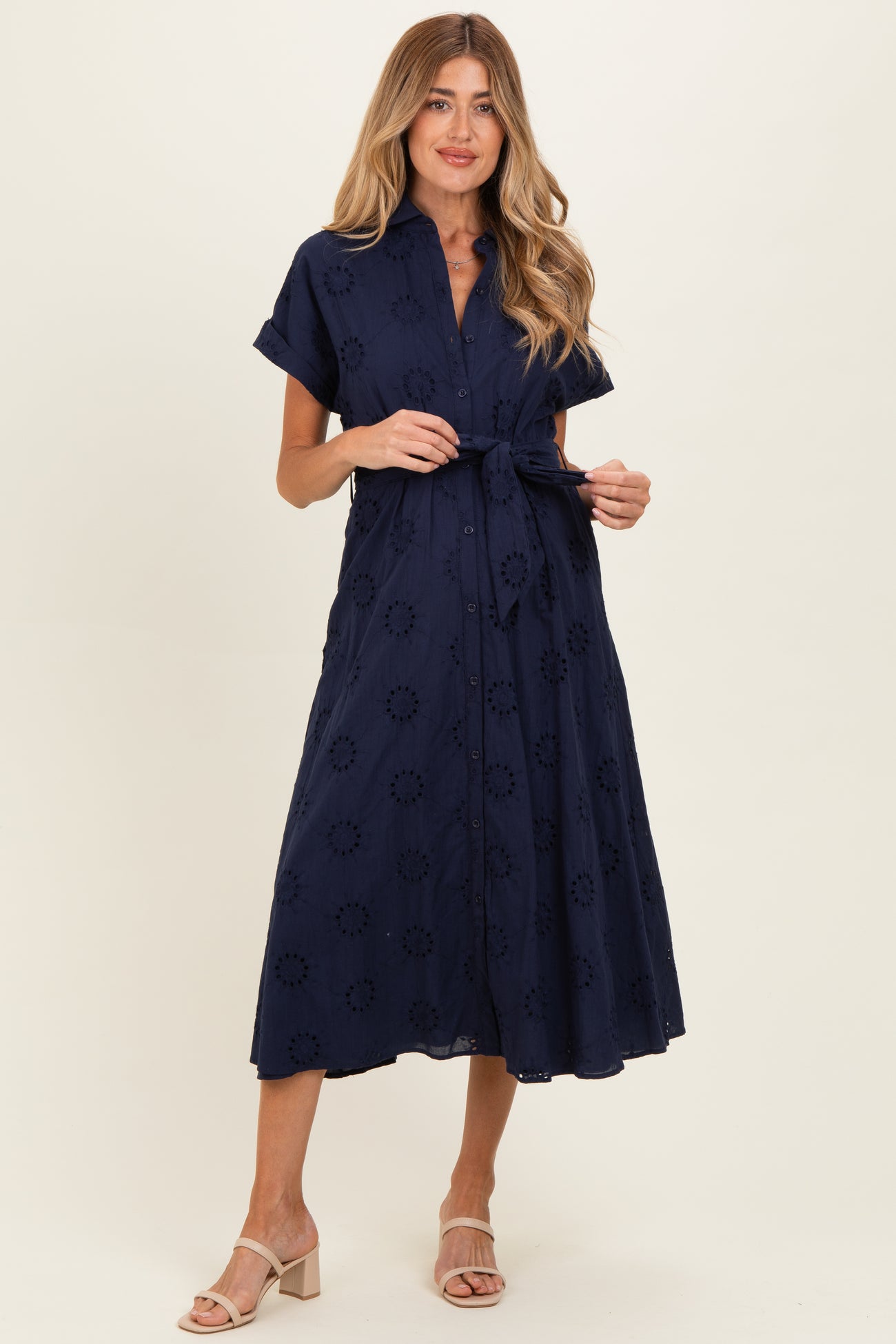 Navy Eyelet Lace Waist Tie Maternity Shirt Dress