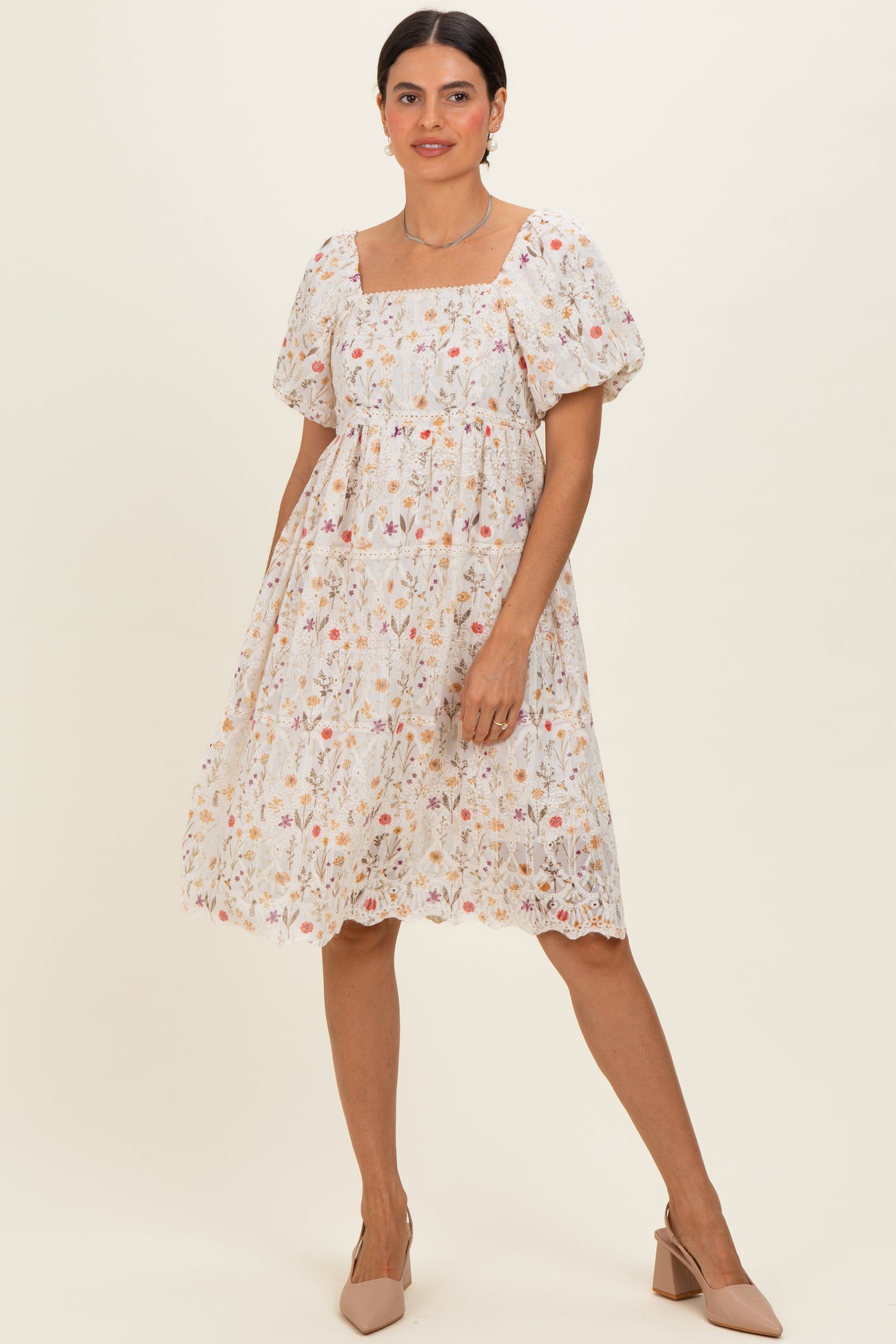Ivory Floral Embroidered Maternity Mini Dress