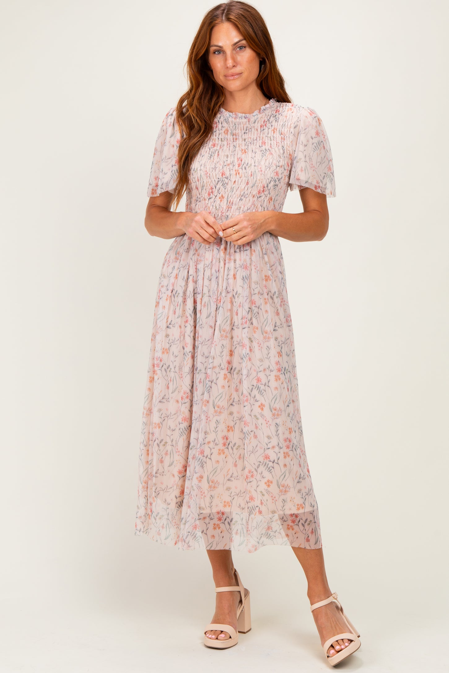 Cream Floral Smocked Midi Dress