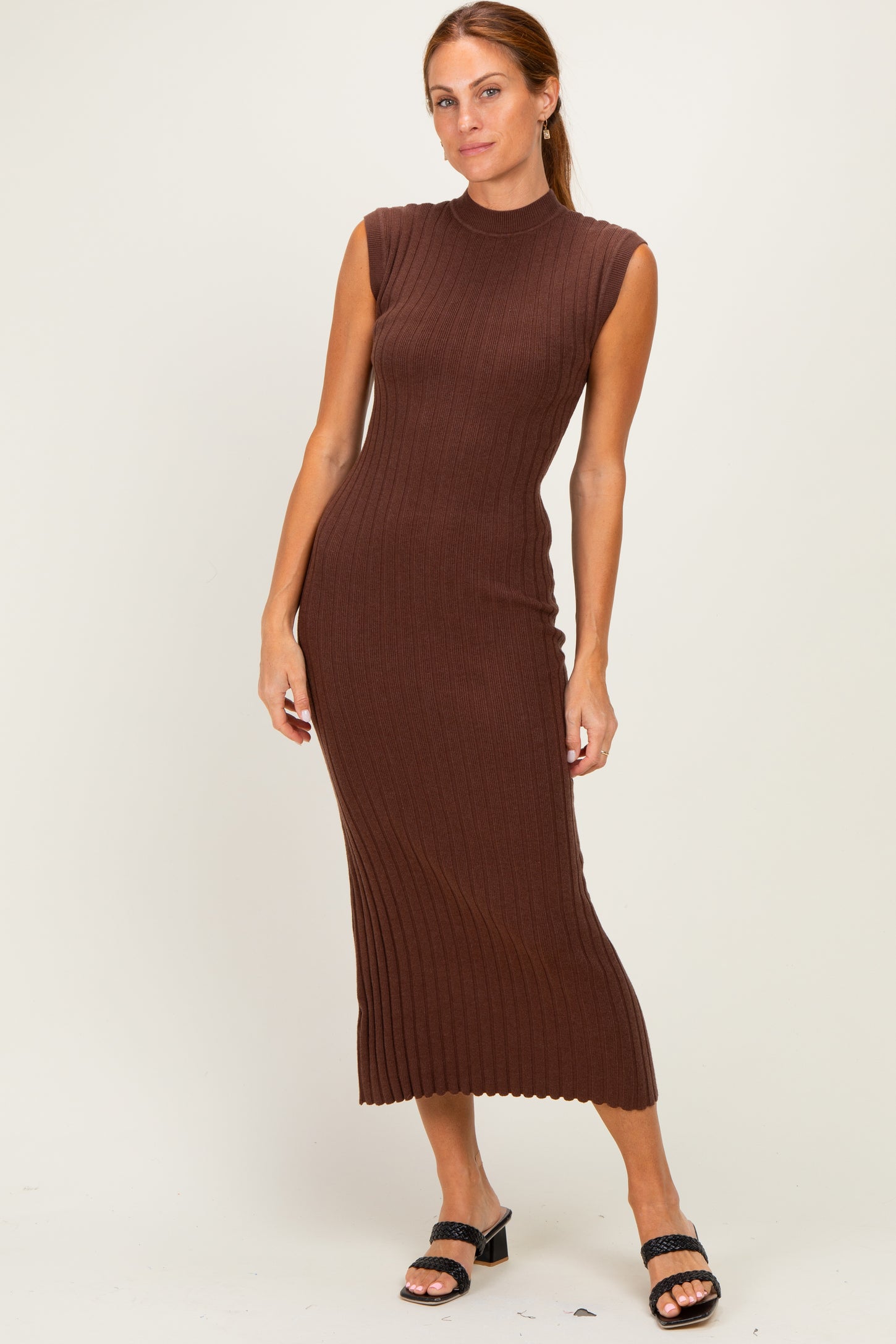 Chocolate Ribbed Knit Mock Neck Maternity Maxi Dress