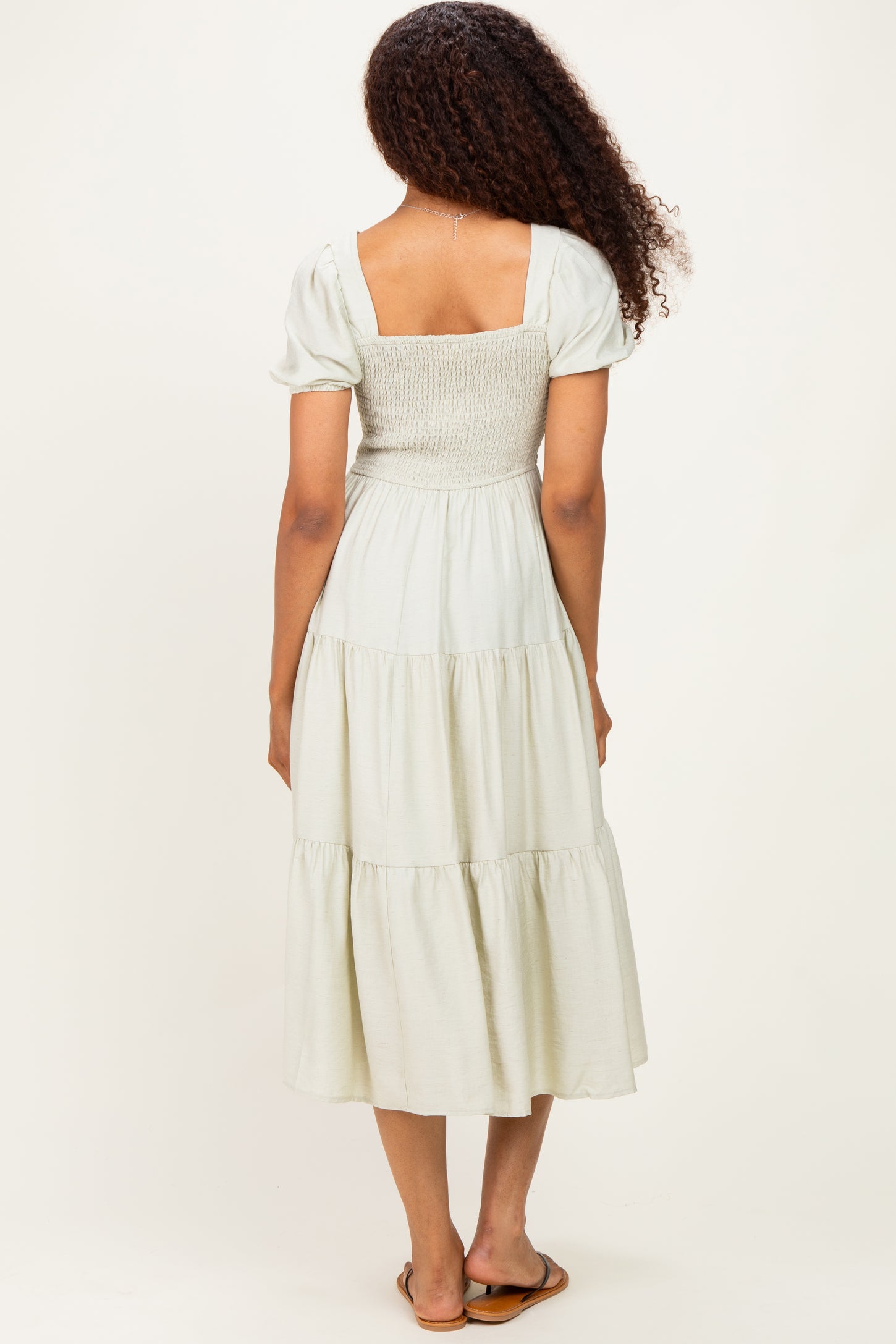 Sage Smocked Puff Sleeve Tiered Linen Midi Dress