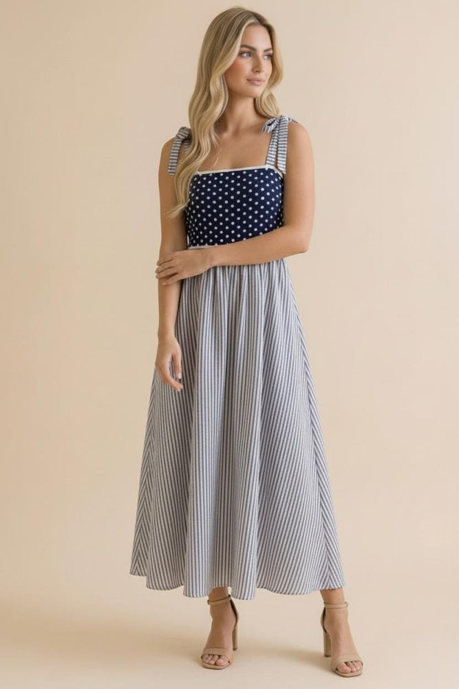 Navy Polka Dot Stripe Shoulder Tie Midi Dress