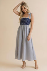 Navy Polka Dot Stripe Shoulder Tie Midi Dress