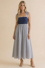 Navy Polka Dot Stripe Shoulder Tie Midi Dress