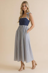 Navy Polka Dot Stripe Shoulder Tie Midi Dress