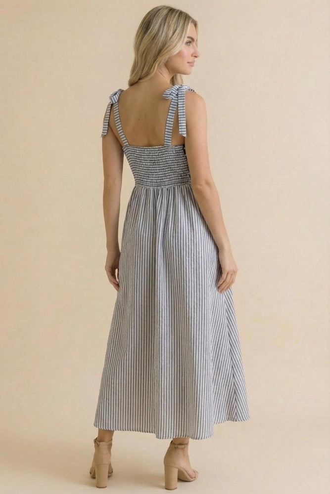 Navy Polka Dot Stripe Shoulder Tie Midi Dress