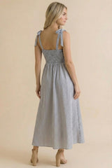 Navy Polka Dot Stripe Shoulder Tie Midi Dress