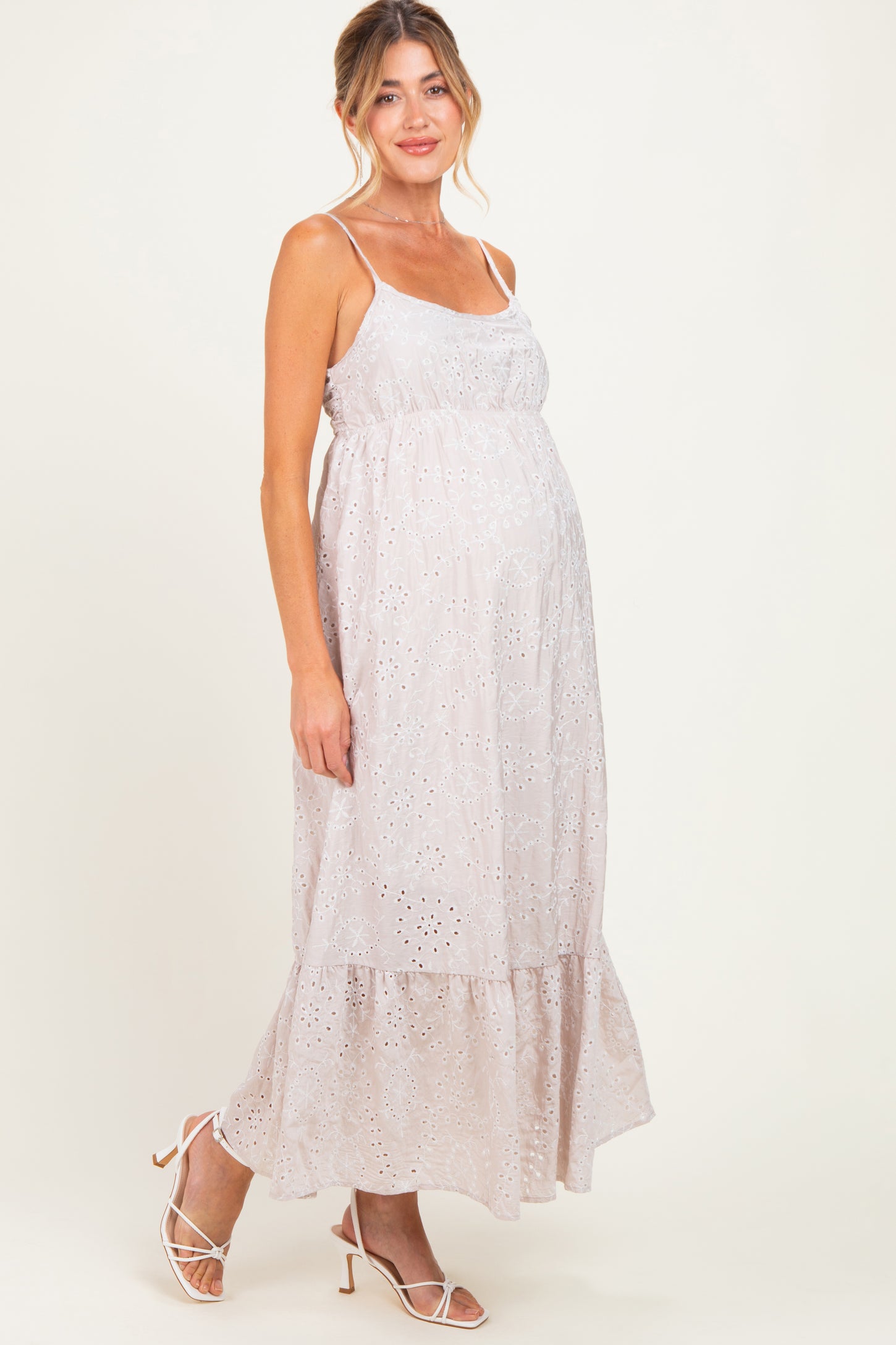 Beige Eyelet Lace Sleeveless Ruffle Hem Maternity Maxi Dress