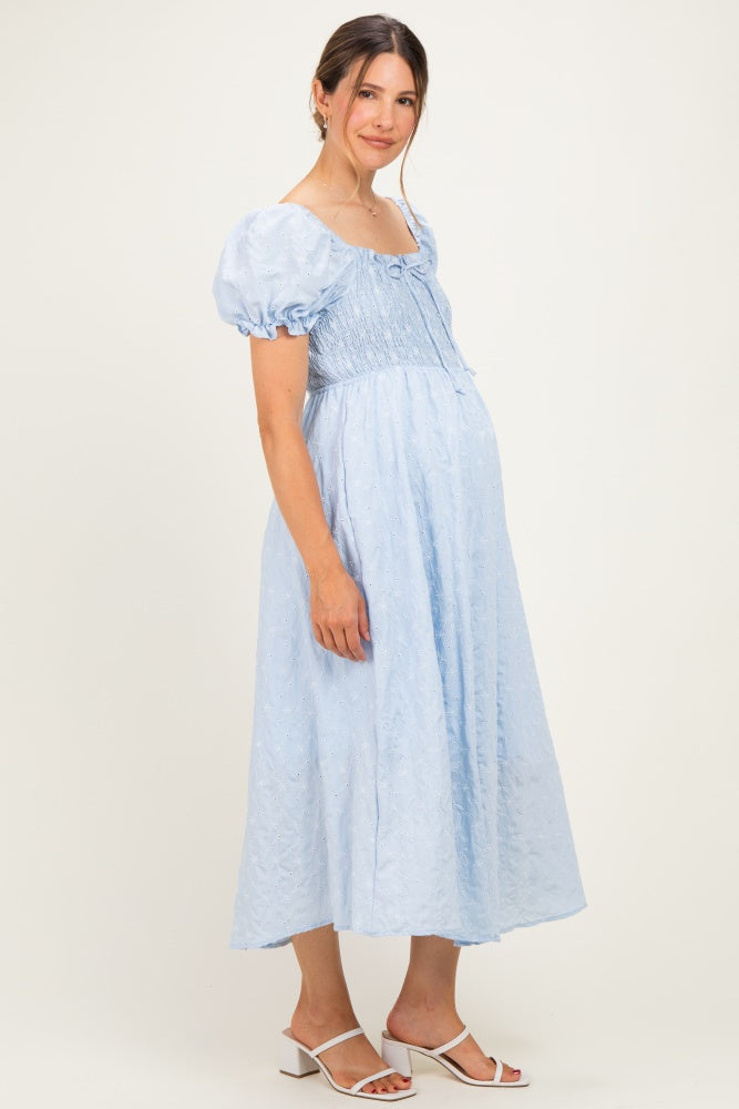 Blue Square Neck Puff Sleeve Maternity Midi Dress