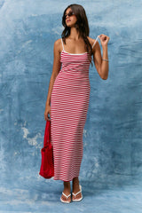 Red Striped Sleeveless Midi Dress