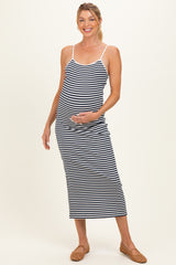 Navy Striped Sleeveless Maternity Midi Dress