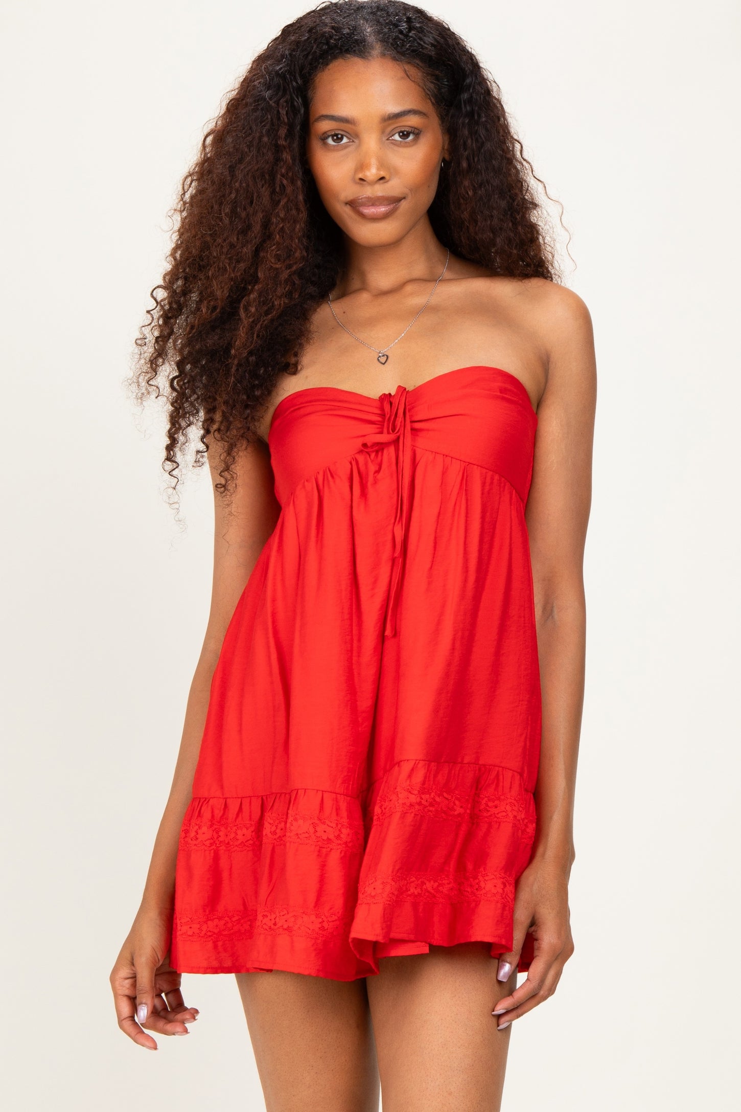Red Strapless Lace Accent Babydoll Mini Dress