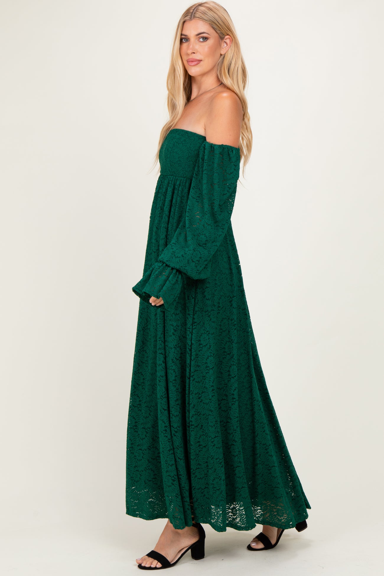 Hunter Green Lace Floral Long Sleeve Maternity Photoshoot Gown/Dress