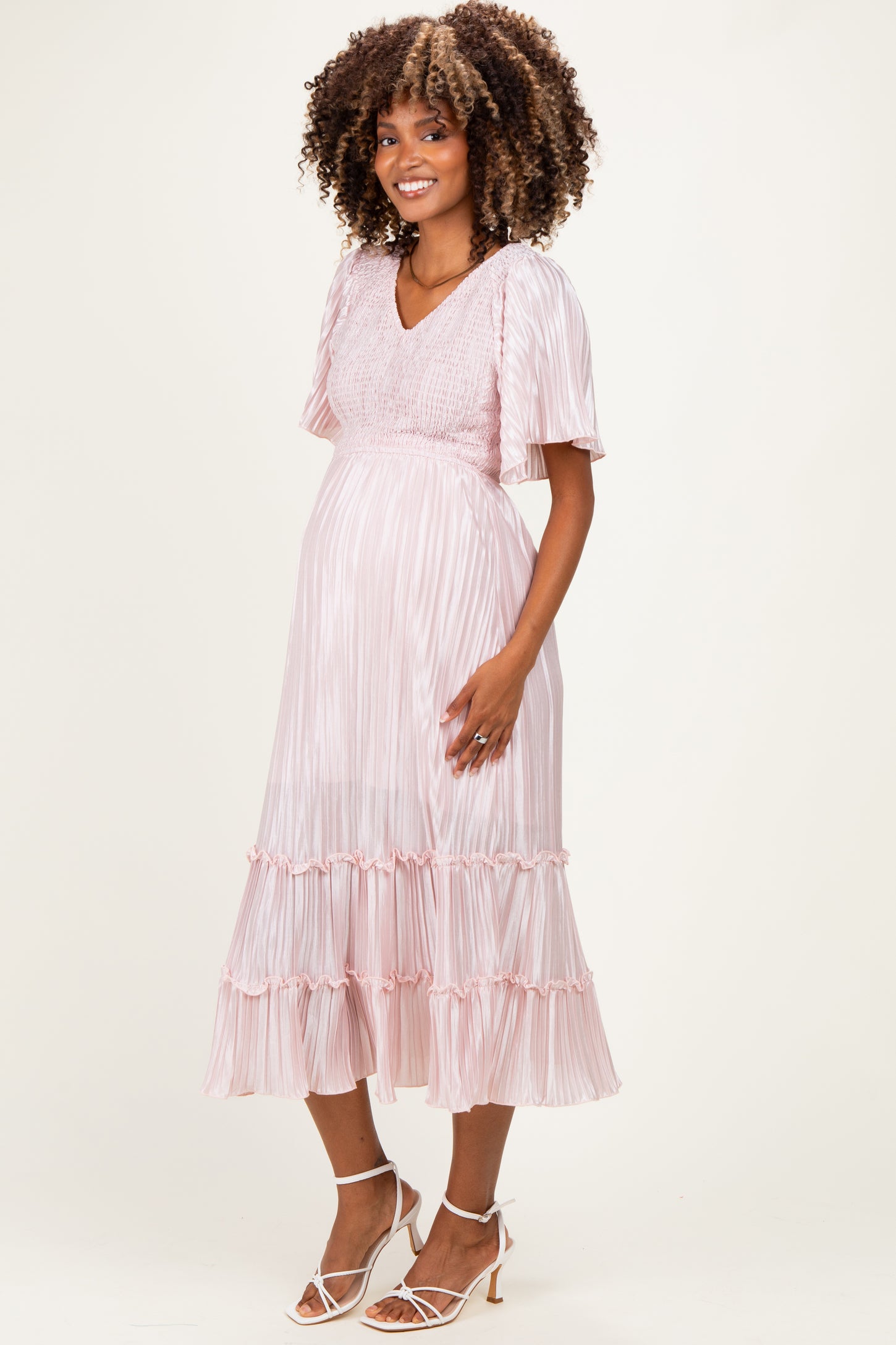 Pink Pleated Satin Smocked Maternity Midi Dress
