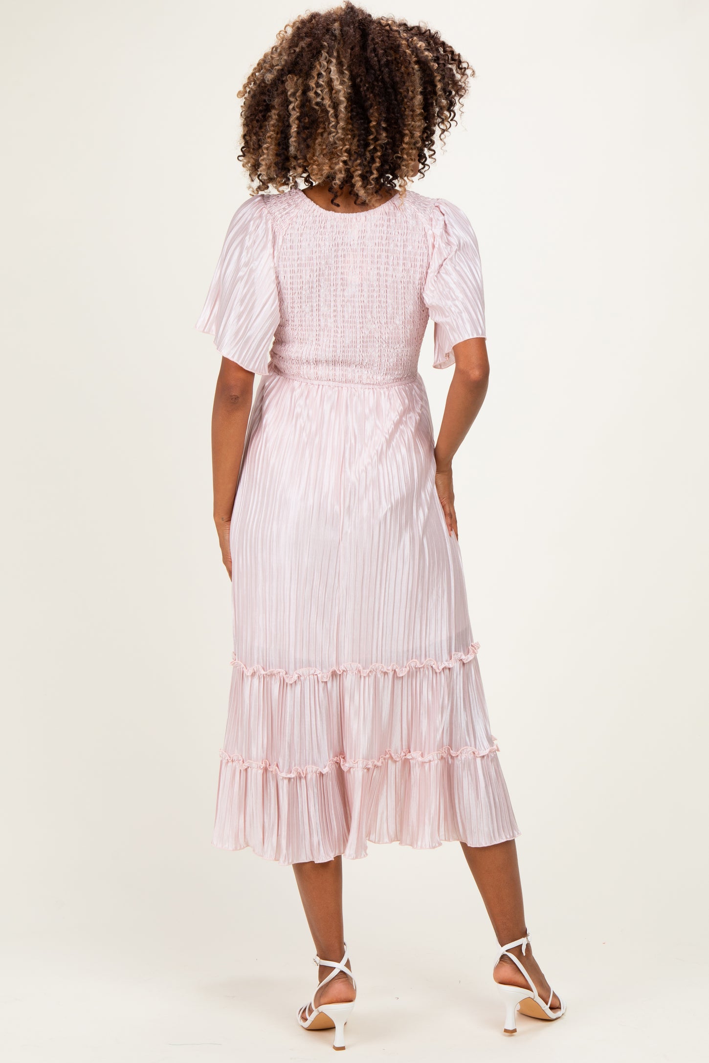Pink Pleated Satin Smocked Maternity Midi Dress