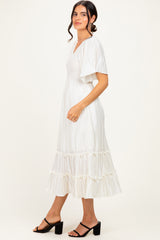 Cream Pleated Satin Smocked Midi Dress
