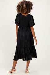 Black Pleated Satin Smocked Maternity Midi Dress