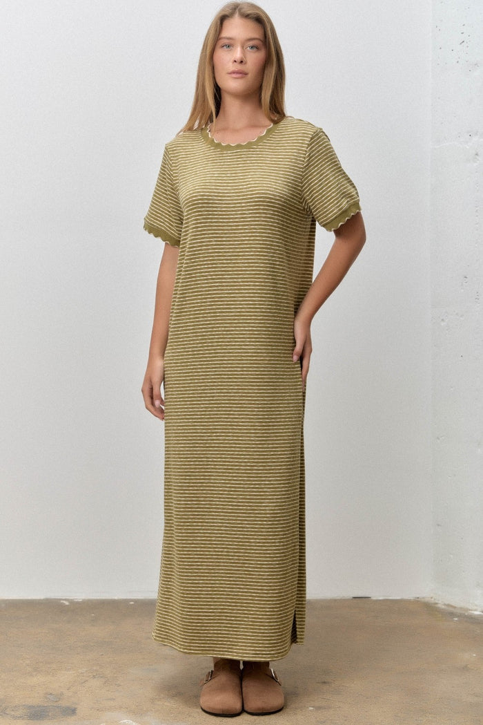 Olive Striped Knit Scallop Accent Maternity Maxi Dress