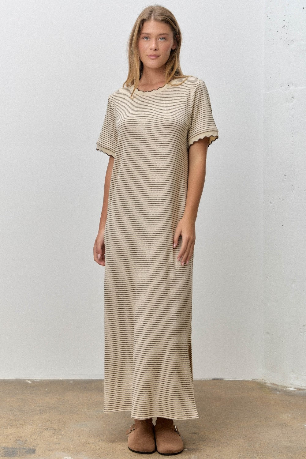 Cream Striped Knit Scallop Accent Maxi Dress