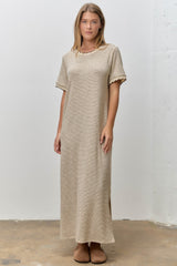 Cream Striped Knit Scallop Accent Maternity Maxi Dress