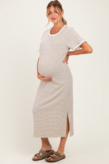 Cream Striped Knit Scallop Accent Maternity Maxi Dress