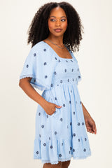 Blue Floral Embroidered Smocked Dress
