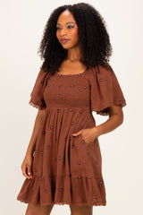 Chocolate Floral Embroidered Smocked Dress