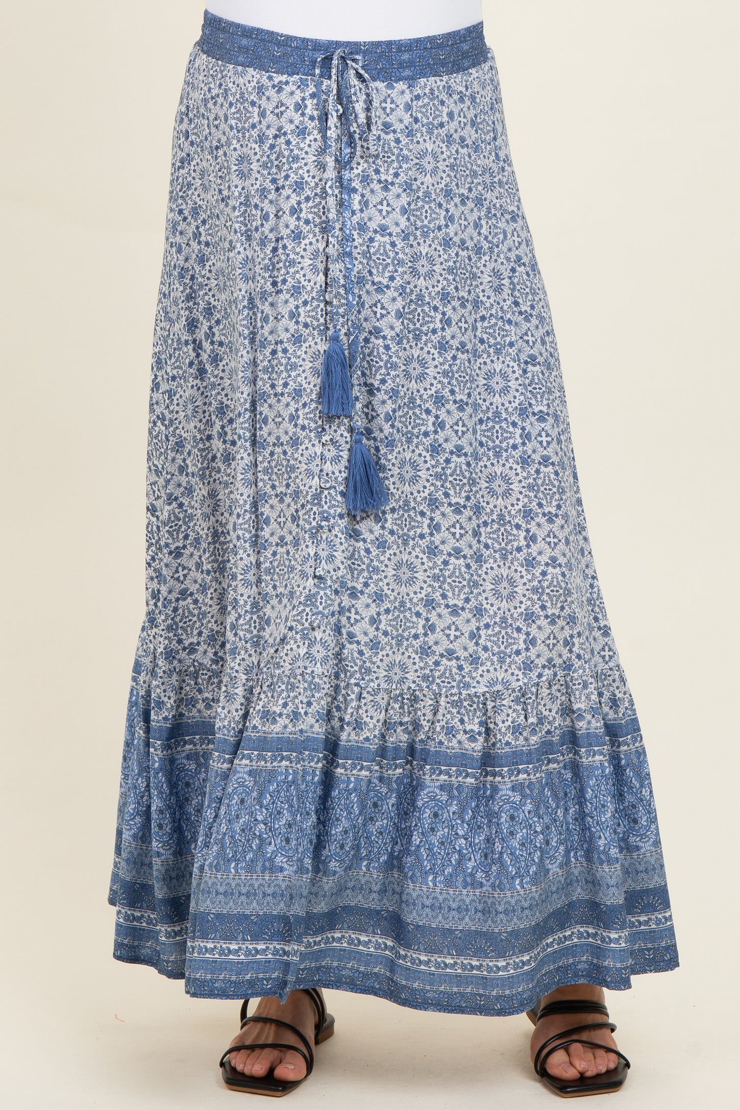 Blue Boho Print Drawstring Smocked Waist Maternity Maxi Skirt