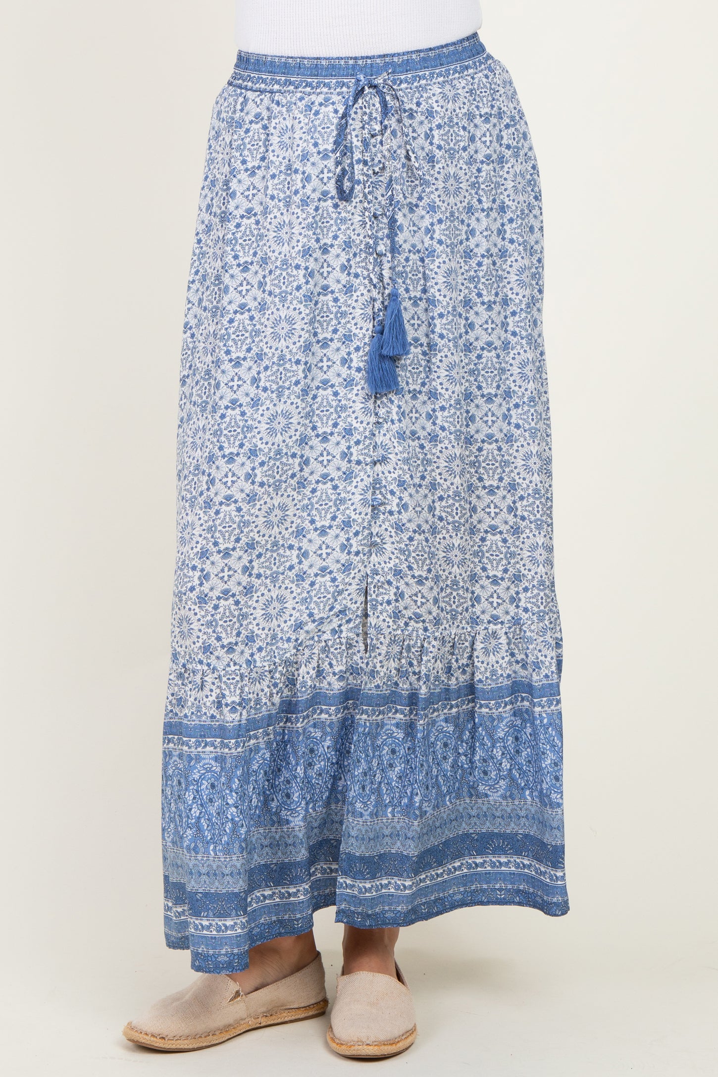Blue Boho Print Drawstring Smocked Waist Maxi Skirt