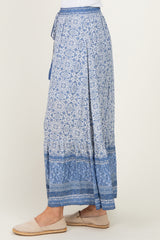 Blue Boho Print Drawstring Smocked Waist Maxi Skirt