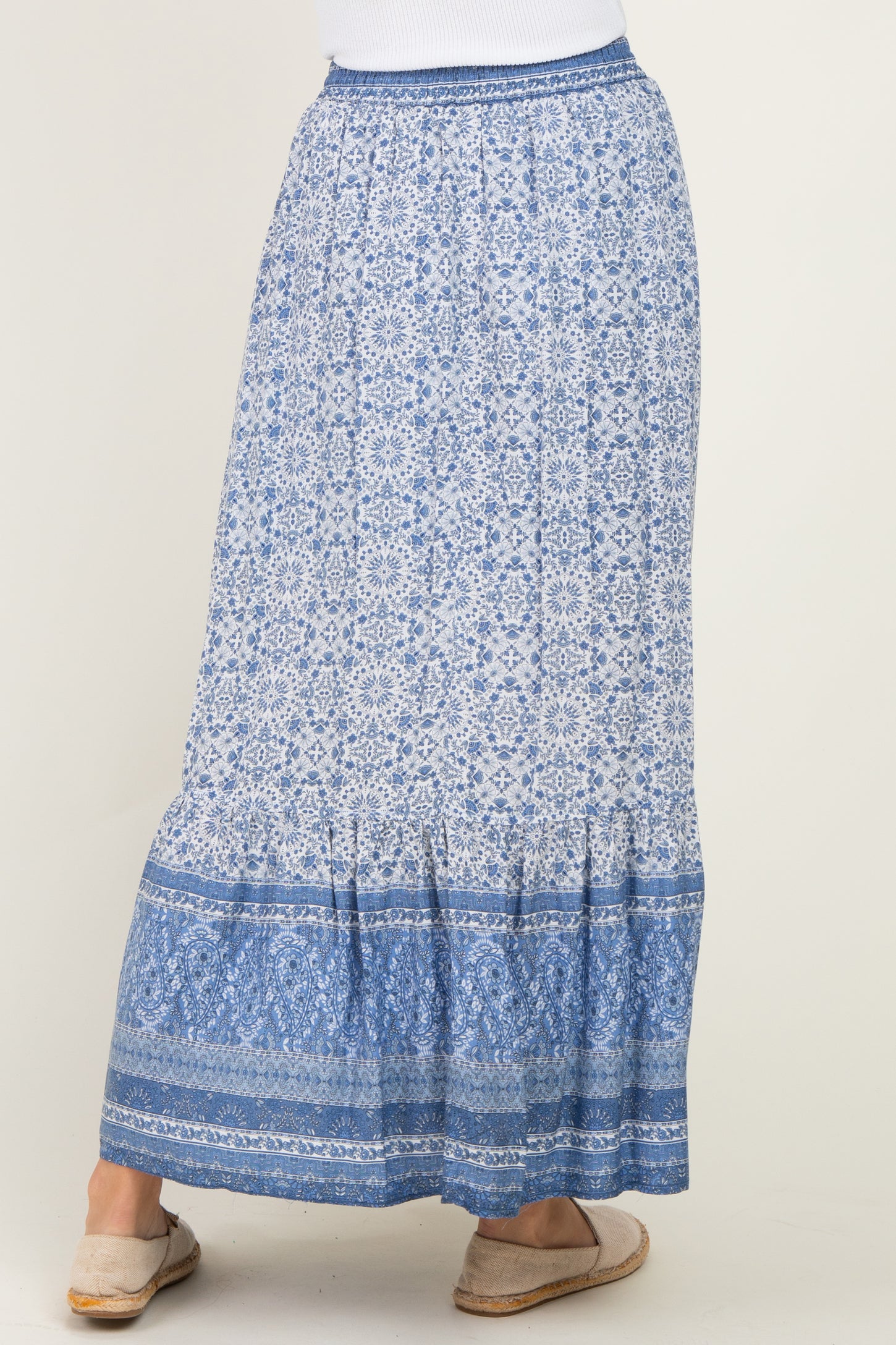 Blue Boho Print Drawstring Smocked Waist Maxi Skirt