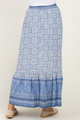 Blue Boho Print Drawstring Smocked Waist Maxi Skirt