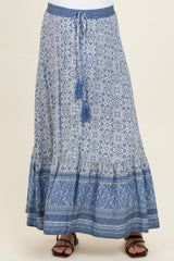 Blue Boho Print Drawstring Smocked Waist Maternity Maxi Skirt