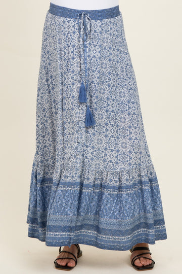 Blue Boho Print Drawstring Smocked Waist Maternity Maxi Skirt