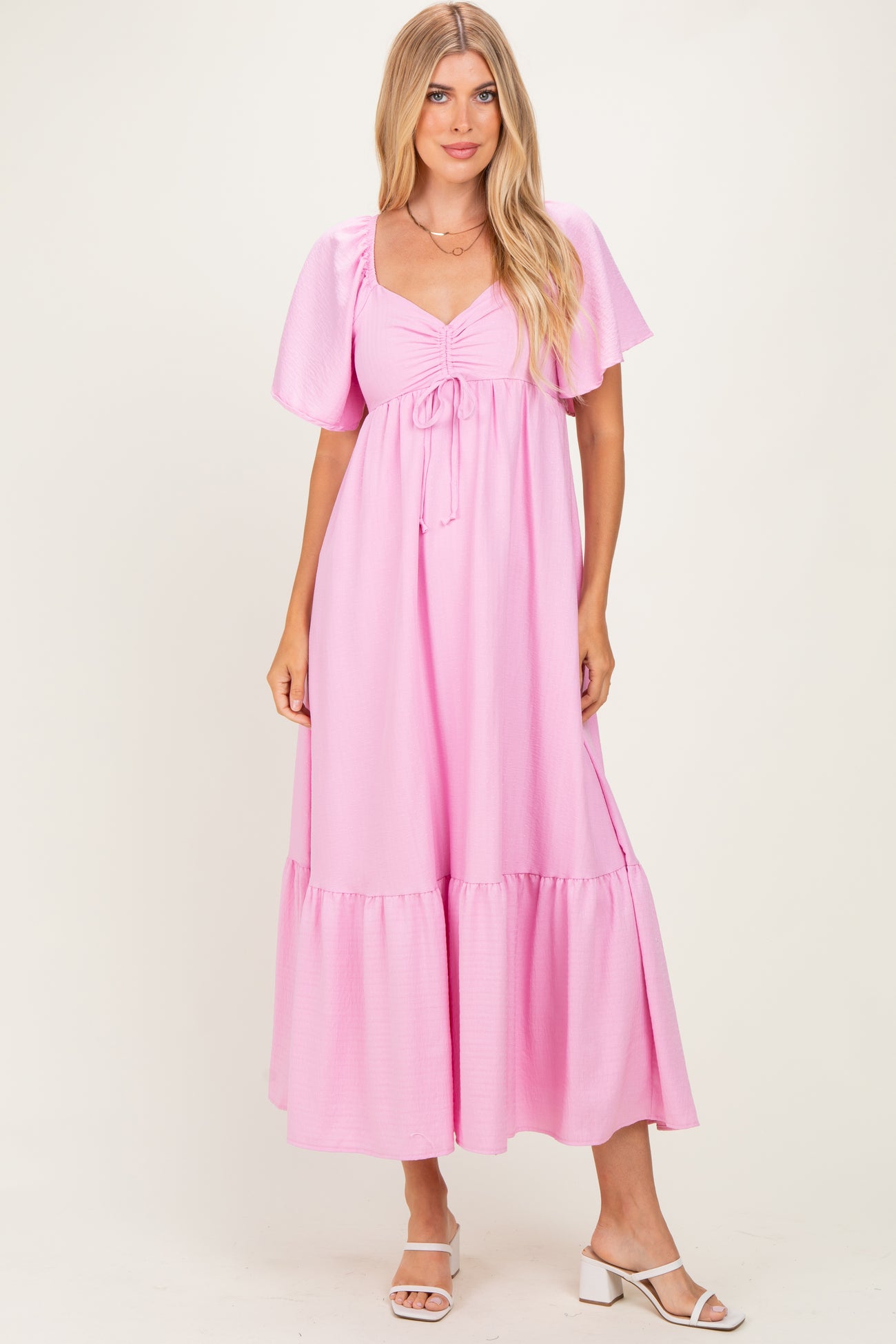 Pink Flutter Sleeve Ruffle Hem Maternity Maxi Dress