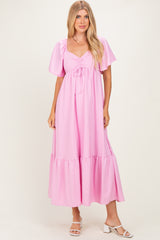 Pink Flutter Sleeve Ruffle Hem Maternity Maxi Dress