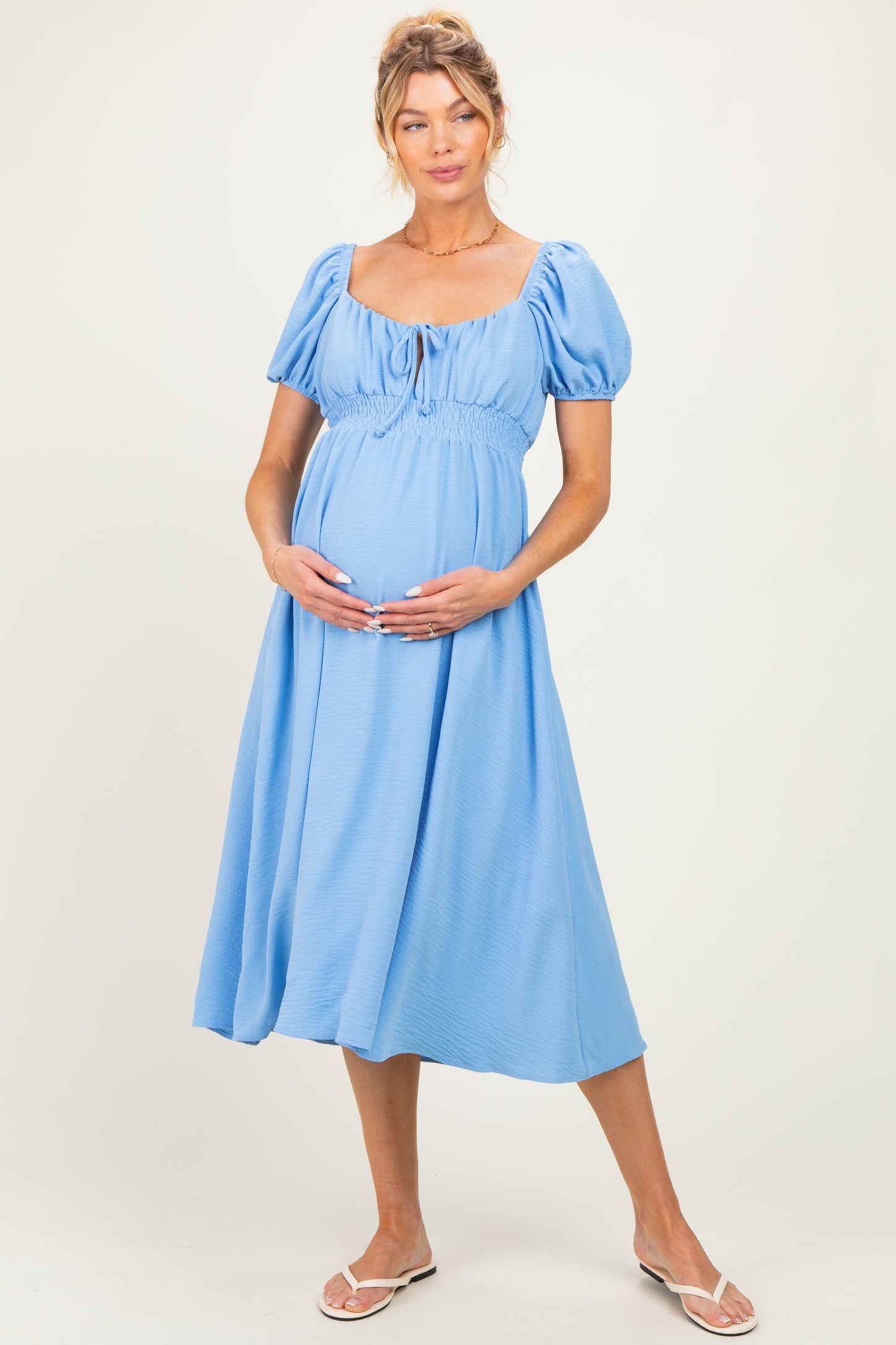Light Blue Smocked Waist Short Sleeve Maternity Midi Dress