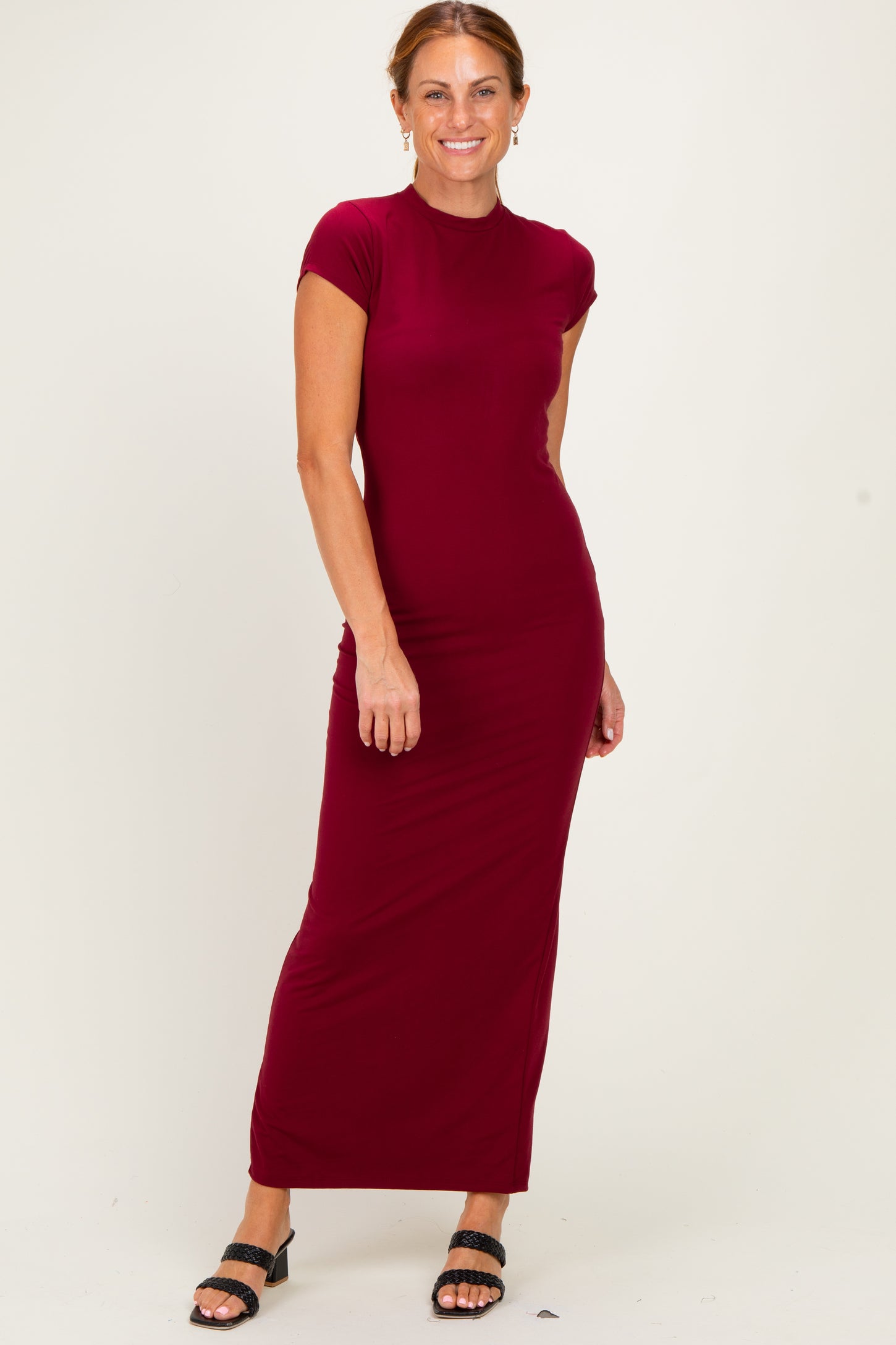 Burgundy Fitted Short Sleeve Maxi Dress