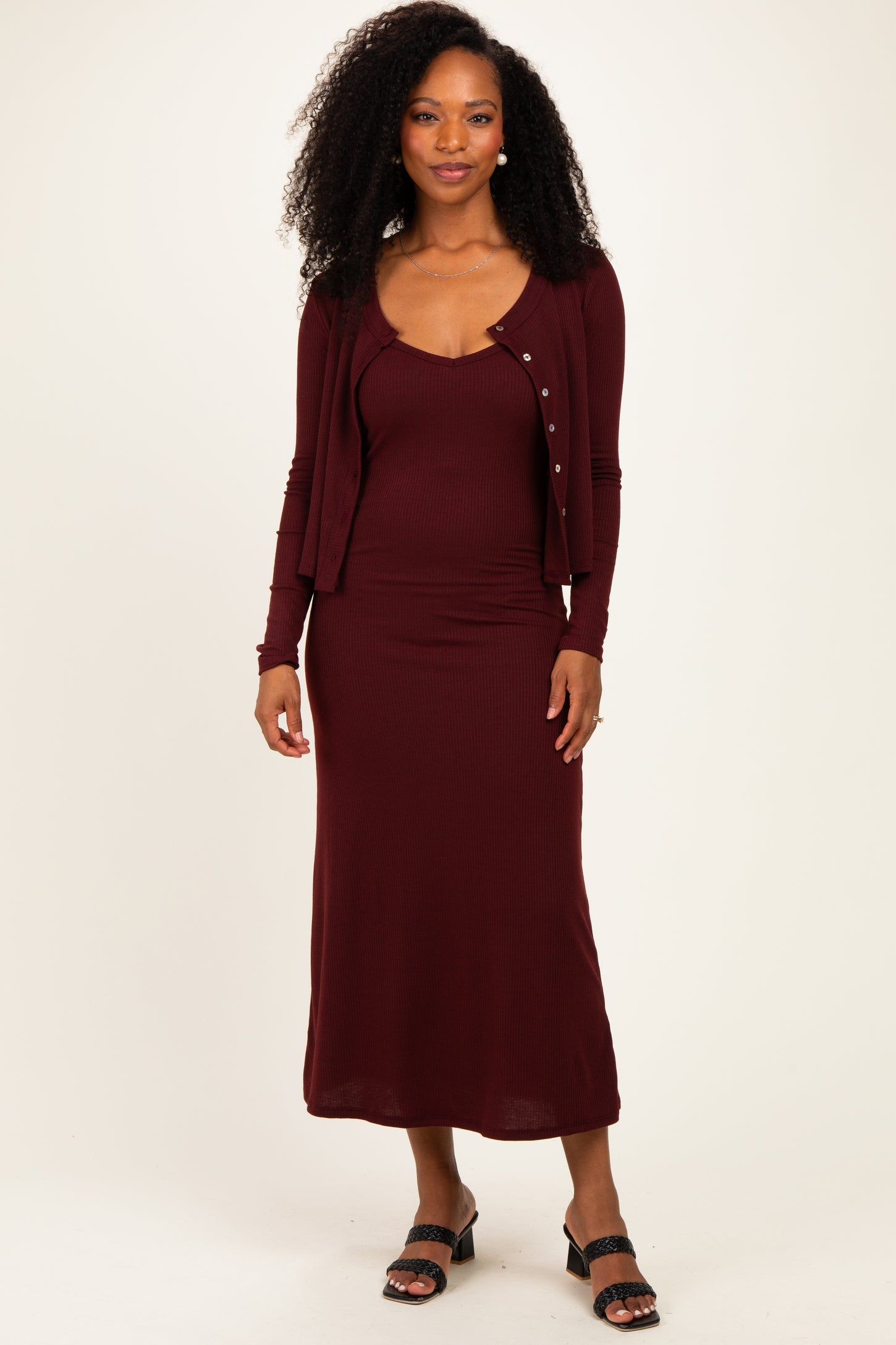 Burgundy Knit Dress Maternity Cardigan Set