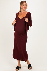 Burgundy Knit Dress Maternity Cardigan Set