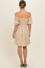 Yellow Multi Ditsy Floral Ruffle Bubble Sleeve Smocked Maternity Dress