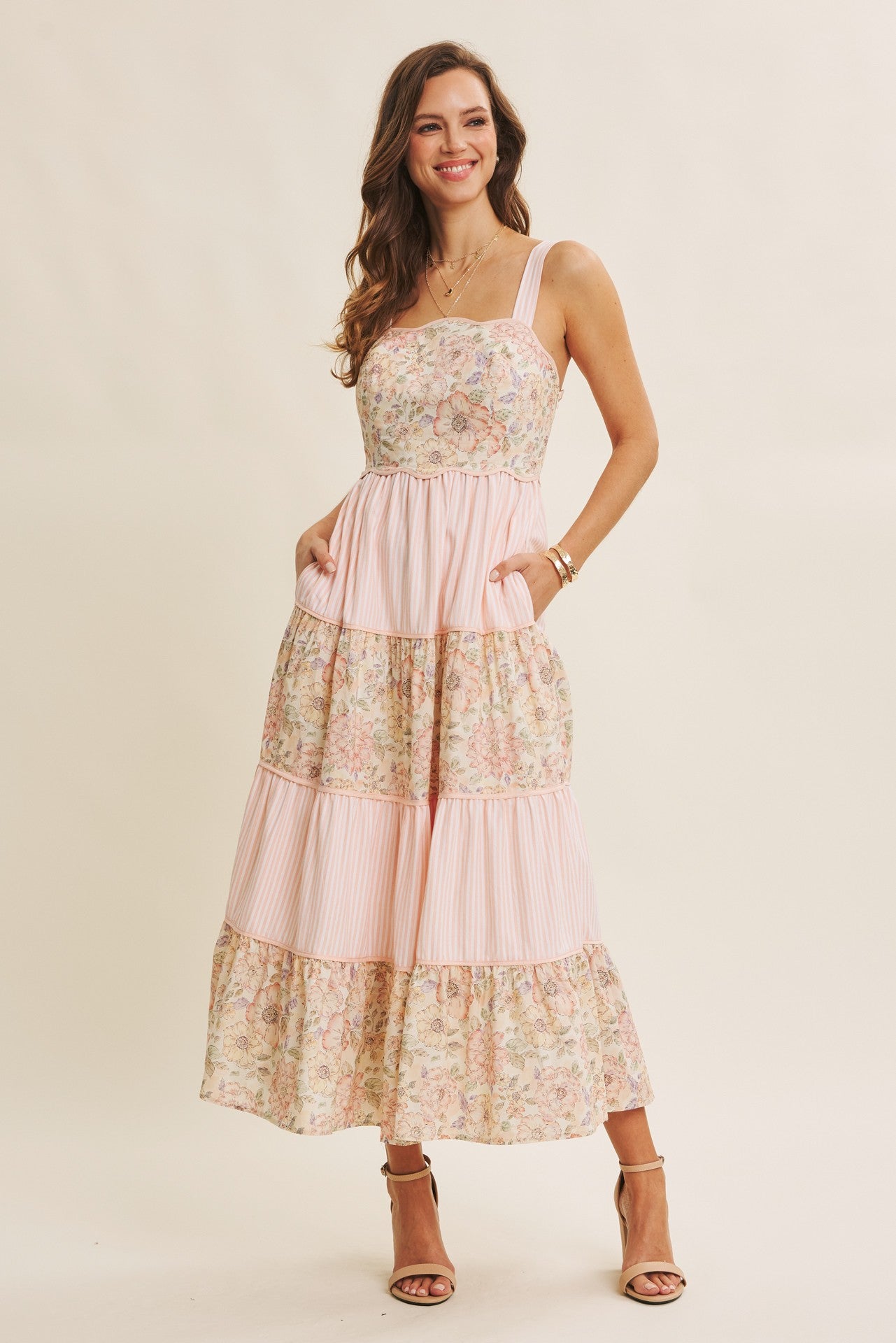 Peach Multi Floral Tiered Sleeveless Maternity Midi Dress